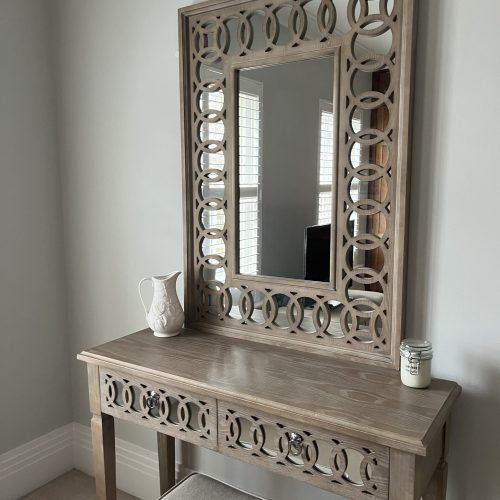 Acrylic surface vanity organiser with makeup and perfume trays